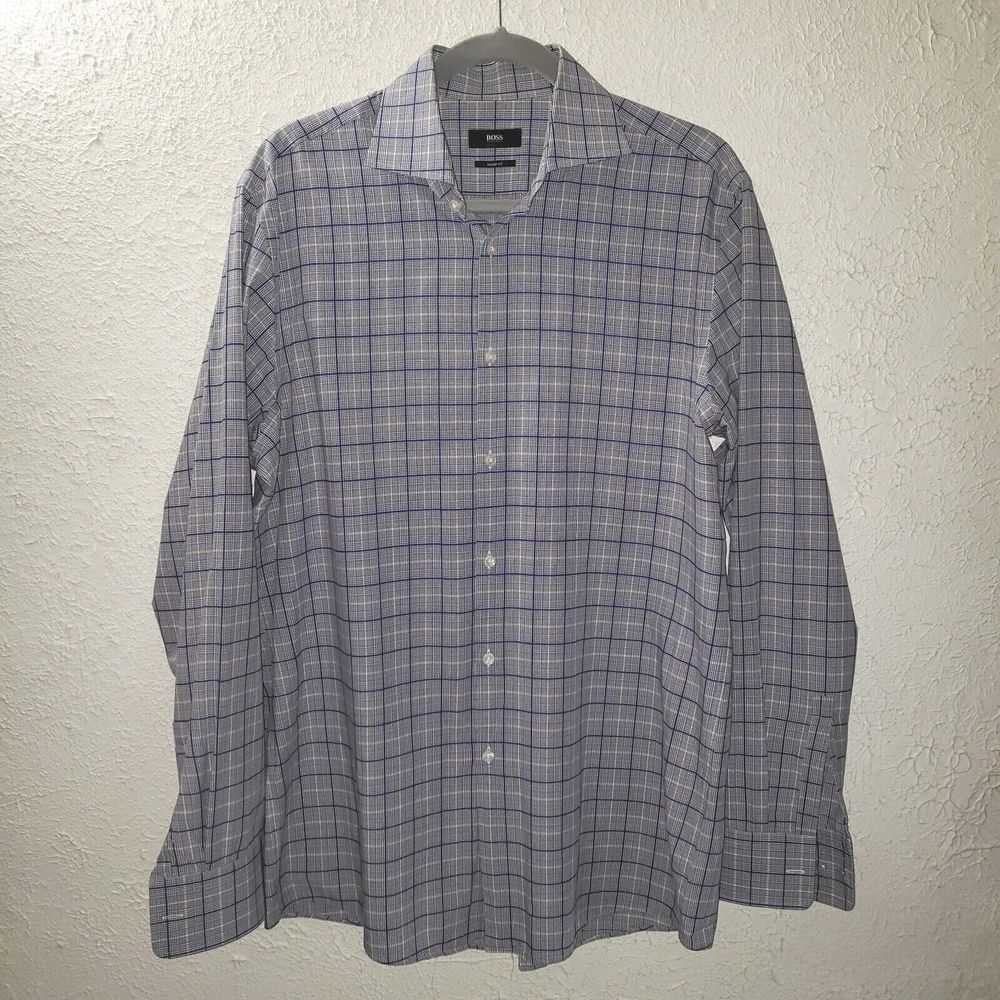 Hugo Boss Sz L (16 34/35) Sharp Fit Men's Gray Plaid Button Down Dress Shirt
